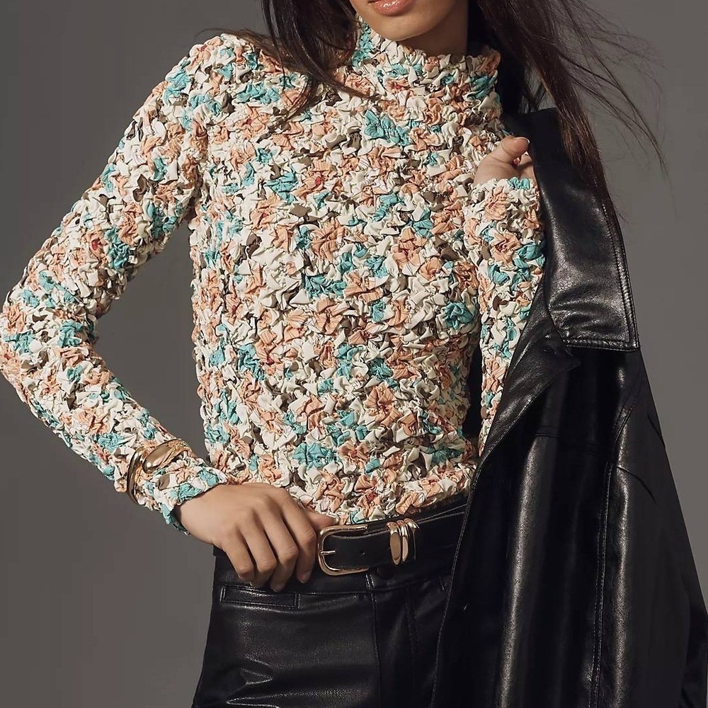 Anthropologie Dolan Pebble Smocked Top Women M Floral Mock Neck Boho Stretchy